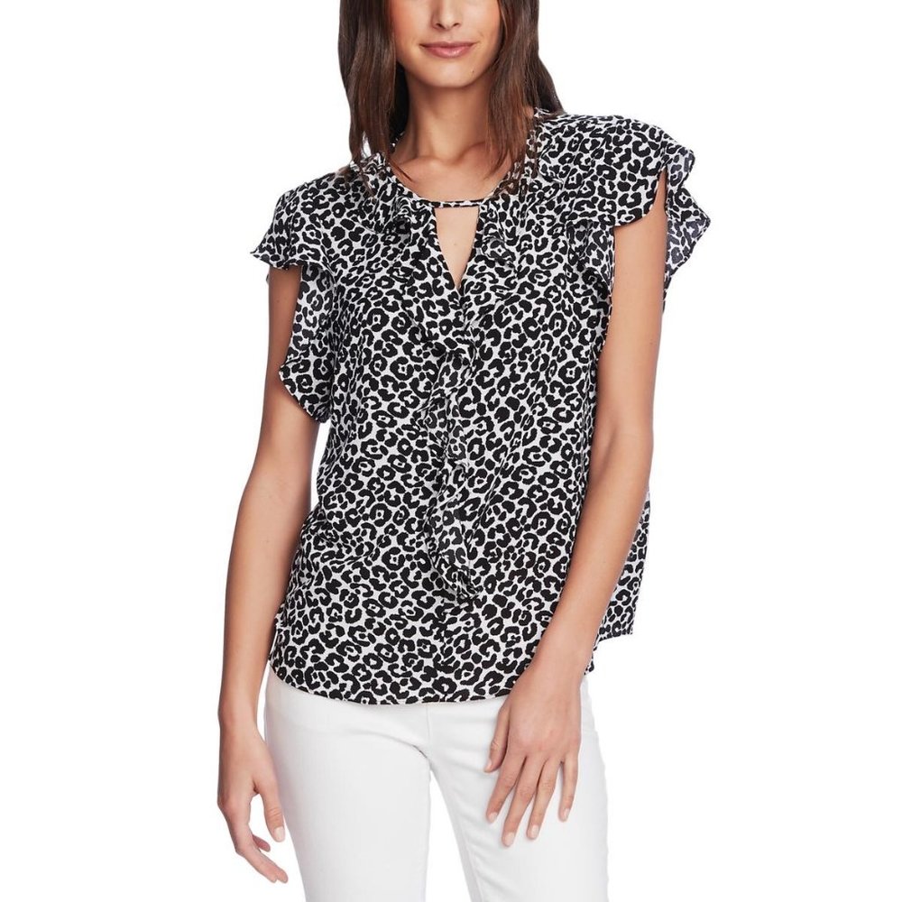 WOMENS ANIMAL PRINT RUFFLED BLOUSE